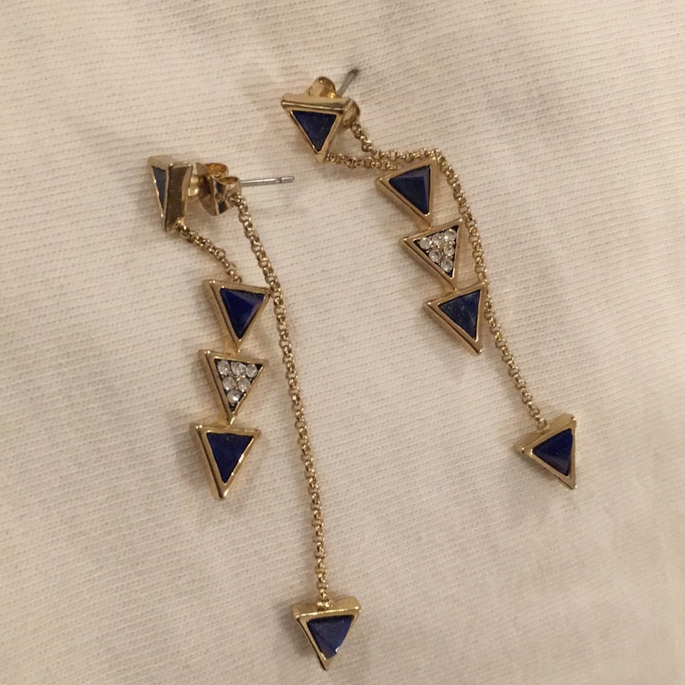 Blue triangle double strand earrings